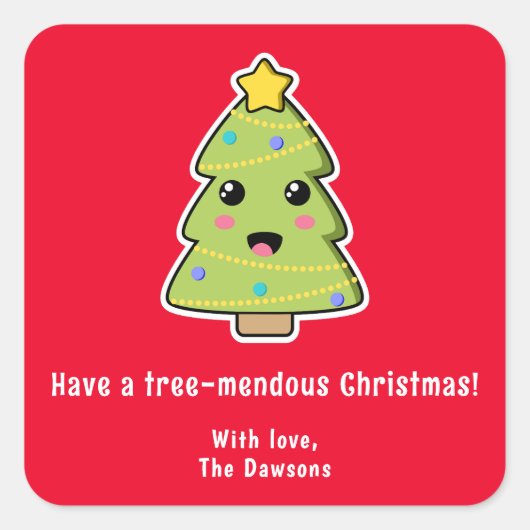 Kute kerstboom Funny Tree Mendous Red Vierkante Sticker (Voorkant)