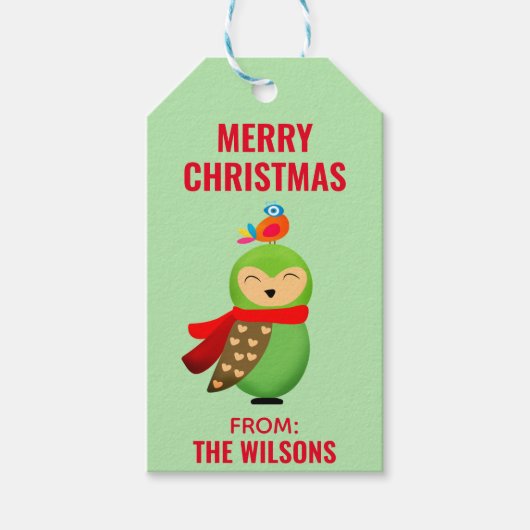 Kute kerstboomwortel en vogel cadeaulabel (Voorkant)
