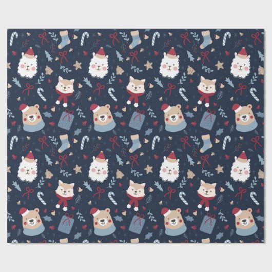 Kute kerstdieren cadeaupapier (Vlak)