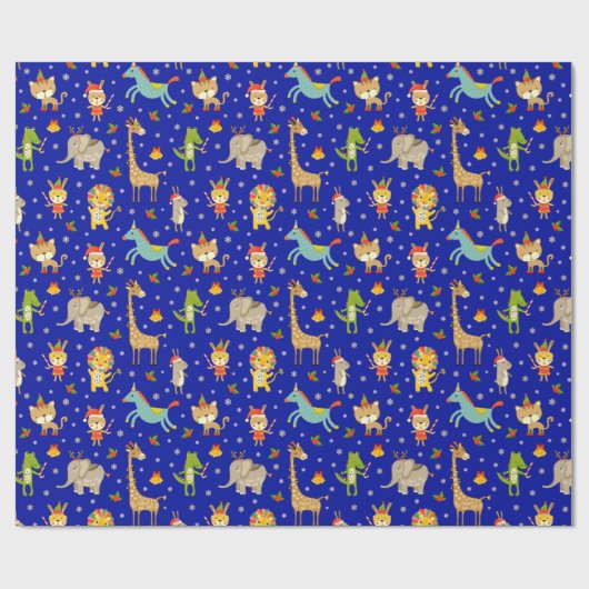 Kute kerstdieren cadeaupapier (Vlak)