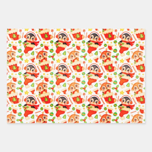 Kute kerstdieren inpakpapier vel (Voorkant)