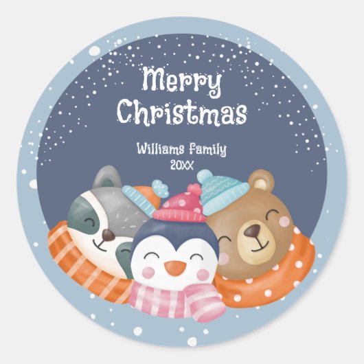 Kute kerstdieren ronde sticker (Voorkant)