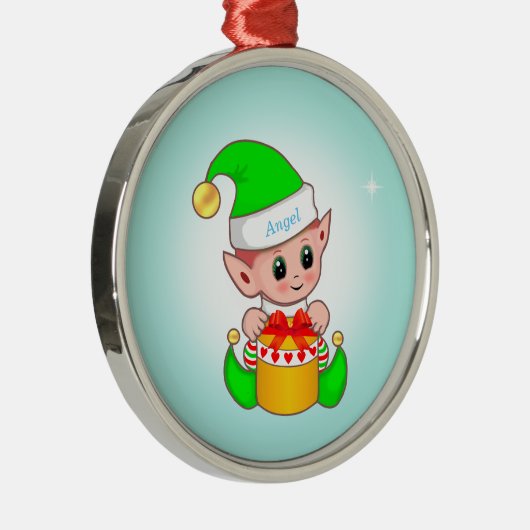 Kute kerstelf en ster op lichtblauw metalen ornament (Rechts)