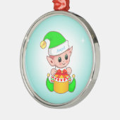 Kute kerstelf en ster op lichtblauw metalen ornament (Links)