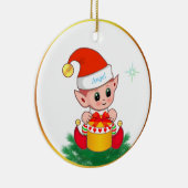 Kute kerstelf en ster op wit keramisch ornament (Rechts)