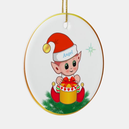 Kute kerstelf en ster op wit keramisch ornament (Rechts)