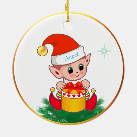 Kute kerstelf en ster op wit keramisch ornament (Achterkant)