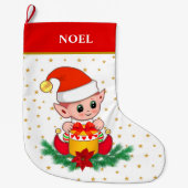 Kute kerstelf, sterren, poinsettia en dennennen grote kerstsok (Voorkant)