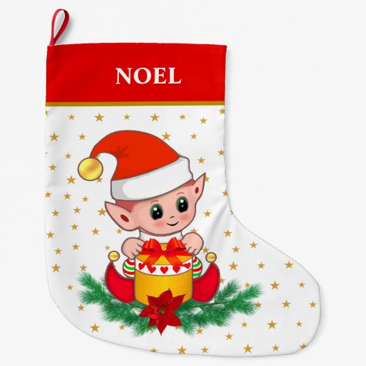 Kute kerstelf, sterren, poinsettia en dennennen grote kerstsok (Voorkant)