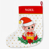 Kute kerstelf, sterren, poinsettia en dennennen grote kerstsok (Achterkant)