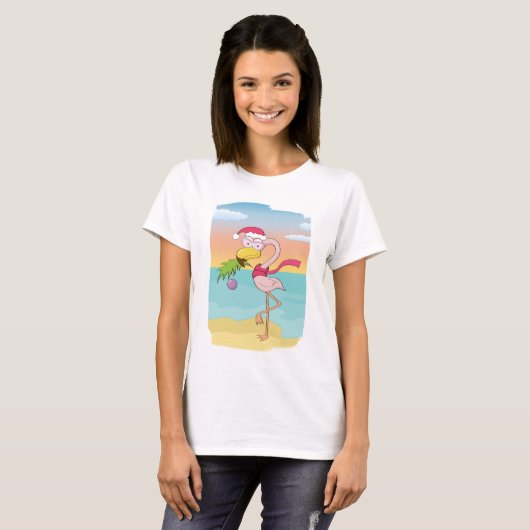 Kute kerstflamingo op het strand t-shirt (Voorkant volledig)