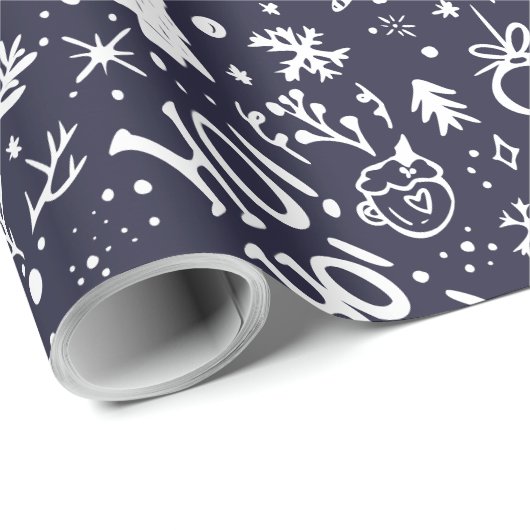 Kute kerstillustraties patroon marineblauw cadeaupapier (Rol Hoek)