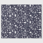 Kute kerstillustraties patroon marineblauw cadeaupapier (Vlak)