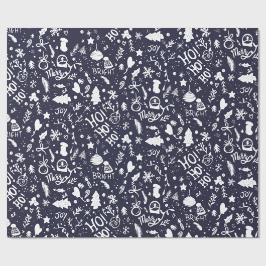 Kute kerstillustraties patroon marineblauw cadeaupapier (Vlak)