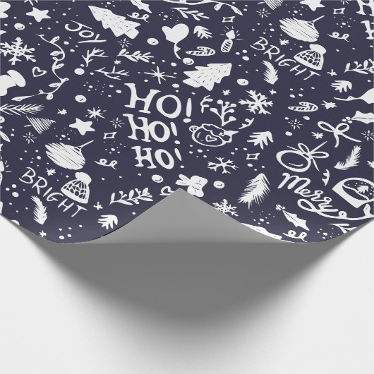 Kute kerstillustraties patroon marineblauw cadeaupapier (Hoek)