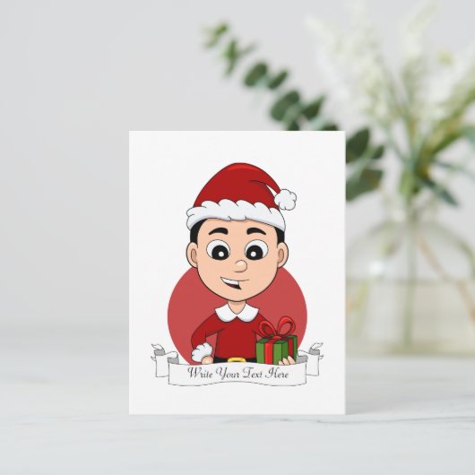 Kute kerstjongen met zwart haar feestdagenkaart (Staand voorkant)