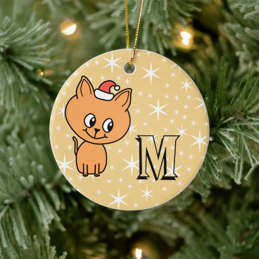 Kute kerstkat, aangepast monogram en foto's achter keramisch ornament (Boom)
