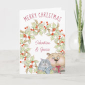 Kute kerstkat en hond in Holly Wreath Feestdagen Kaart (Voorkant)