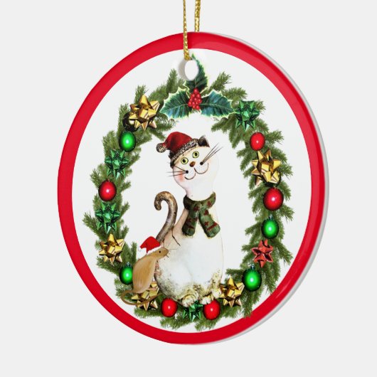 Kute kerstkat en muis keramisch ornament (Links)