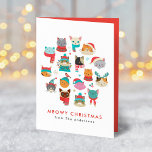 Kute kerstkat Meowy Kerstmis Feestdagen Kaart<br><div class="desc">Zeg 'Meowy Kerstmis' tegen je geliefden met onze schattige kerstkistkaart. Aan de voorkant van de kaart staat een cirkel van schattige katten met winterse petten en sjaals in een rood en turkooistisch kleurenschema. Pas de voorzijde van de kaart aan door een aangepaste groet en jouw naam toe te voegen. De...</div>