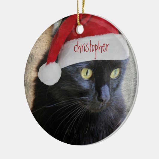 Kute kerstkat, zwarte rug, gepersonaliseerde naam/ keramisch ornament (Links)