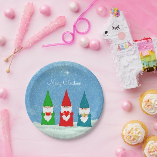 Kute kerstknoma's gekleed in blauw rood en groen papieren bordje (Feest)
