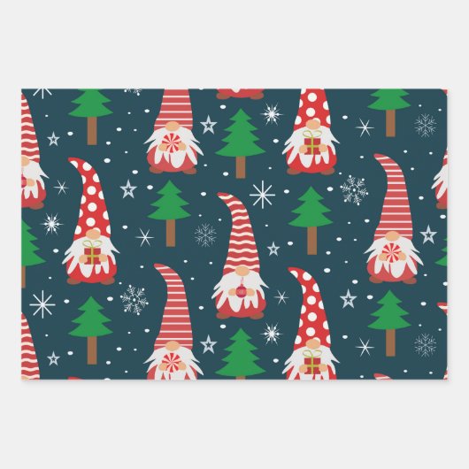 Kute kerstknoma's met bomen en sneeuwvlokken inpakpapier vel (Voorkant 3)