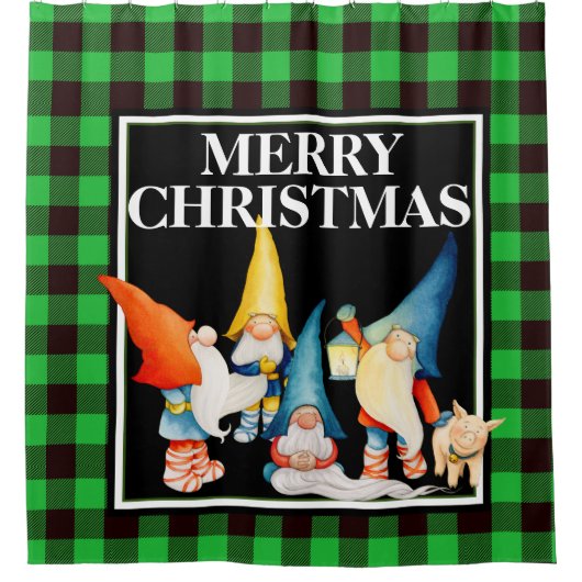 Kute kerstknomes blauw en zwarte buffelplaat douchegordijn (Voorkant)