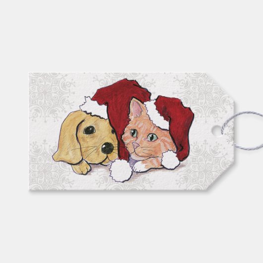 Kute kerstlabrador Puppy and Oranje Tabby Cadeaulabel (Voorkant (Horizontaal))