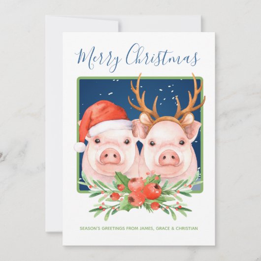 Kute kerstman en rendier-kerstparen feestdagenkaart (Voorkant)
