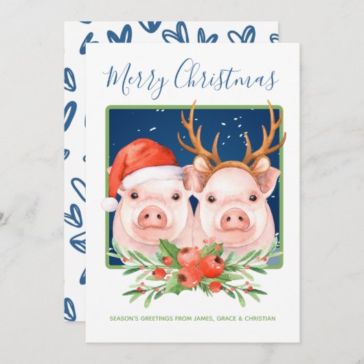 Kute kerstman en rendier-kerstparen feestdagenkaart (Voorkant / Achterkant)