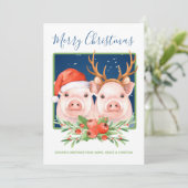 Kute kerstman en rendier-kerstparen feestdagenkaart (Staand voorkant)