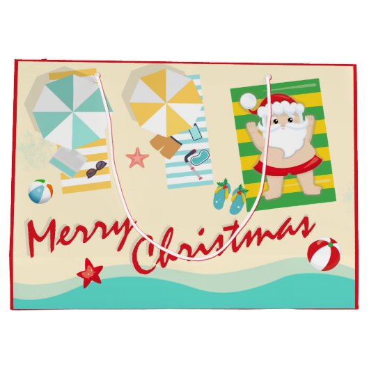 Kute kerstman op het strand groot cadeauzakje (Achterkant)