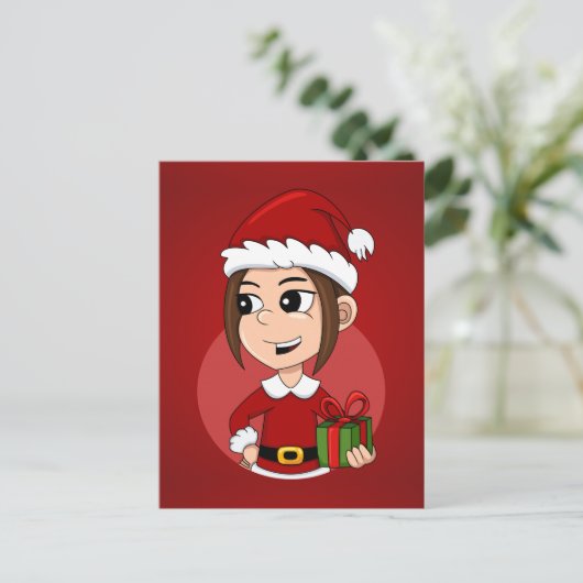 Kute kerstmeisje met bruin haar feestdagenkaart (Staand voorkant)