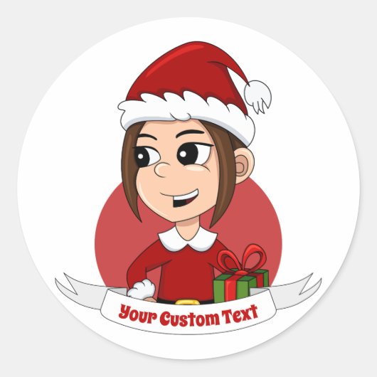 Kute kerstmeisje met bruin haar ronde sticker (Voorkant)
