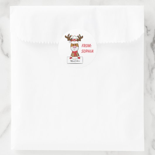 Kute Kerstmis Cartoon Reindeer Naam toevoegen Ronde Sticker (Tas)