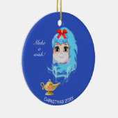 Kute kerstmis Genie en Magic Lamp op blauw Keramisch Ornament (Rechts)