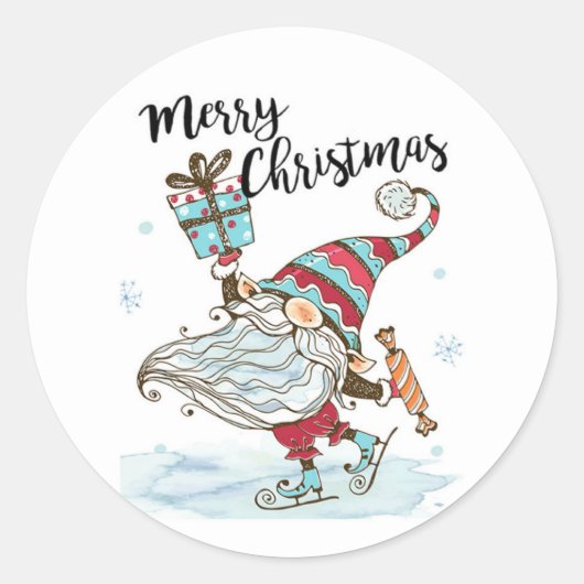 Kute Kerstmis Gnome Ice Sking Ronde Sticker (Voorkant)