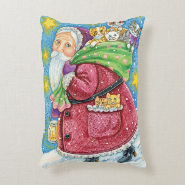 Kute Kerstmis, kerstman met Kittens en Katten! Accent Kussen (Voorkant(Verticaal))