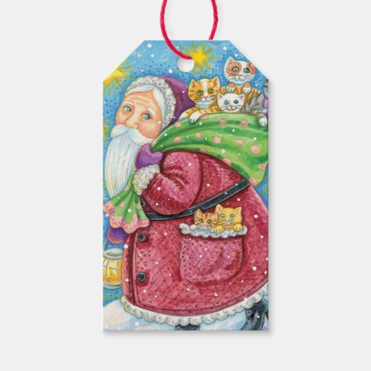 Kute Kerstmis, kerstman met Kittens en Katten! Cadeaulabel (Voorkant)