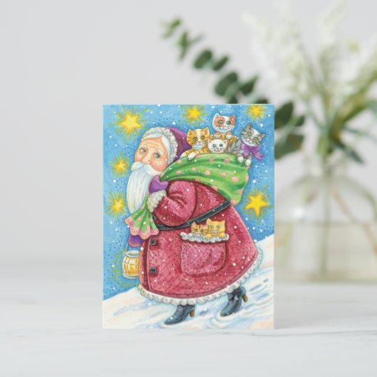 Kute Kerstmis, kerstman met Kittens en Katten! Feestdagenkaart (Staand voorkant)