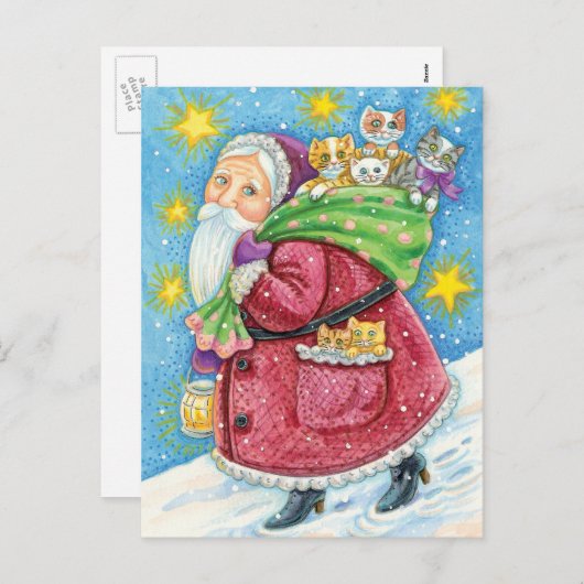 Kute Kerstmis, kerstman met Kittens en Katten! Feestdagenkaart (Voorkant / Achterkant)