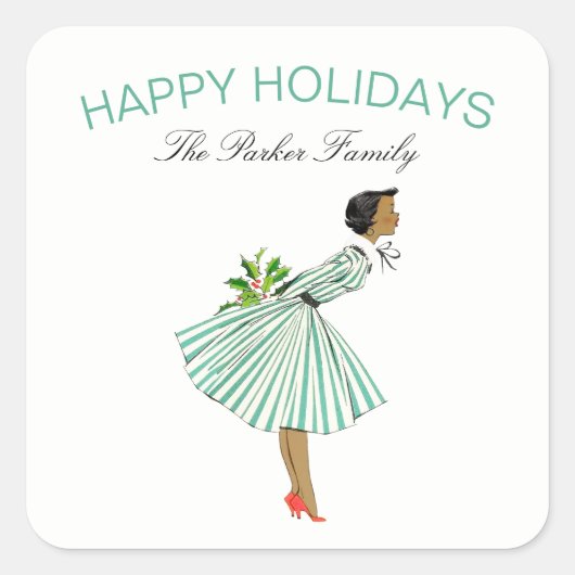 Kute Kerstmis  Retro Lady in Dress Vierkante Sticker (Voorkant)