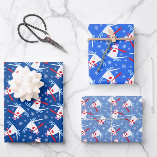 Kute kerstmuis op Skis Blue en White Inpakpapier Vel (Voorkant)