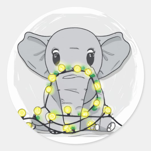 Kute kerstolifant omwikkeld in licht ronde sticker (Voorkant)