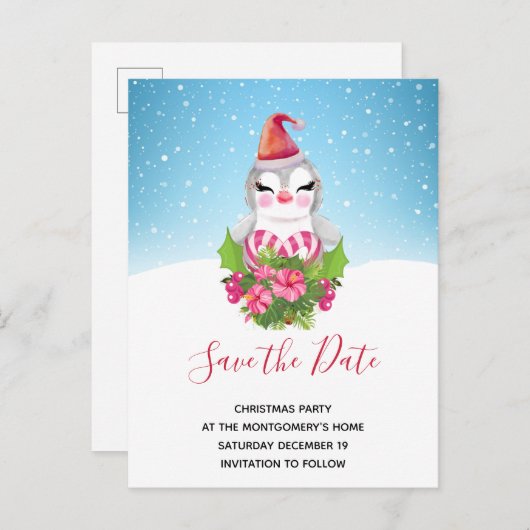 Kute kerstpinguïn in Santa Hat Save the Date Uitnodiging Briefkaart (Voorkant / Achterkant)