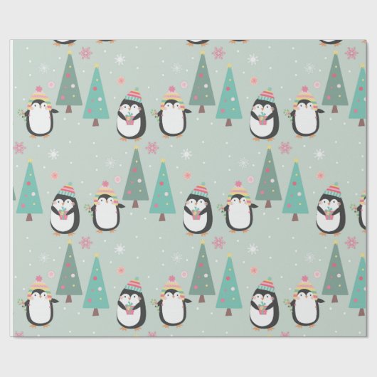 Kute kerstpinguïns cadeaupapier (Vlak)