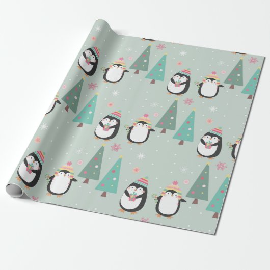 Kute kerstpinguïns cadeaupapier (Uitgerold)