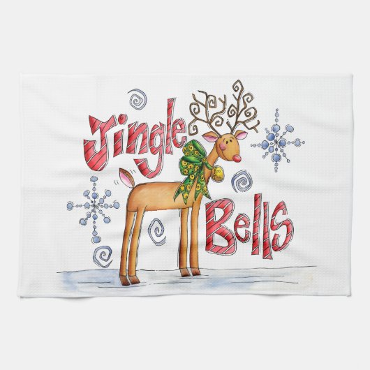 Kute kerstrendiertje, Jingle Bells Snowflakes Theedoek (Horizontaal)