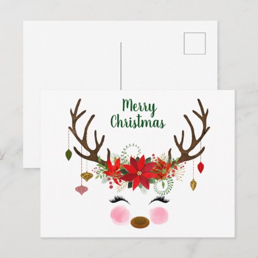 Kute kerstrenrender en Poinsettia Briefkaart (Voorkant / Achterkant)